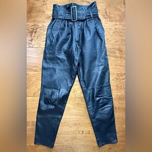 Vintage Black Leather High Rise Pleated Belted Tapered Pants 4